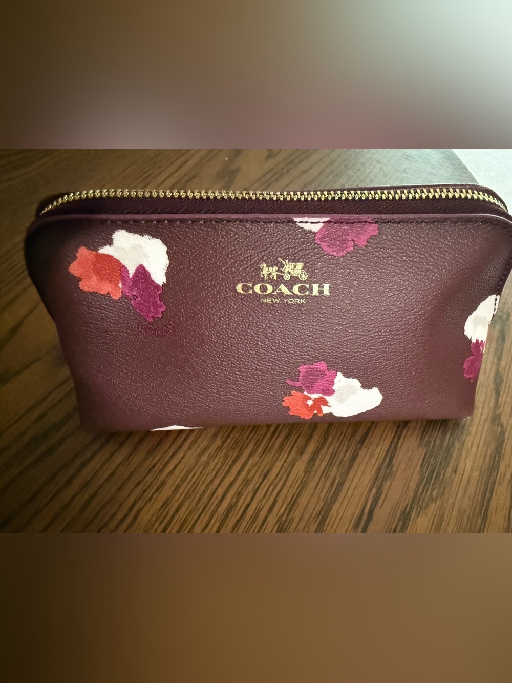 COACH Plum Multi Floral Leather Cosmetic Pouch with Gold Logo